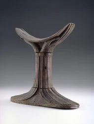 Wooden Headrest, the Headpiece Carved in the Shape of a Pair of Cupped Hands